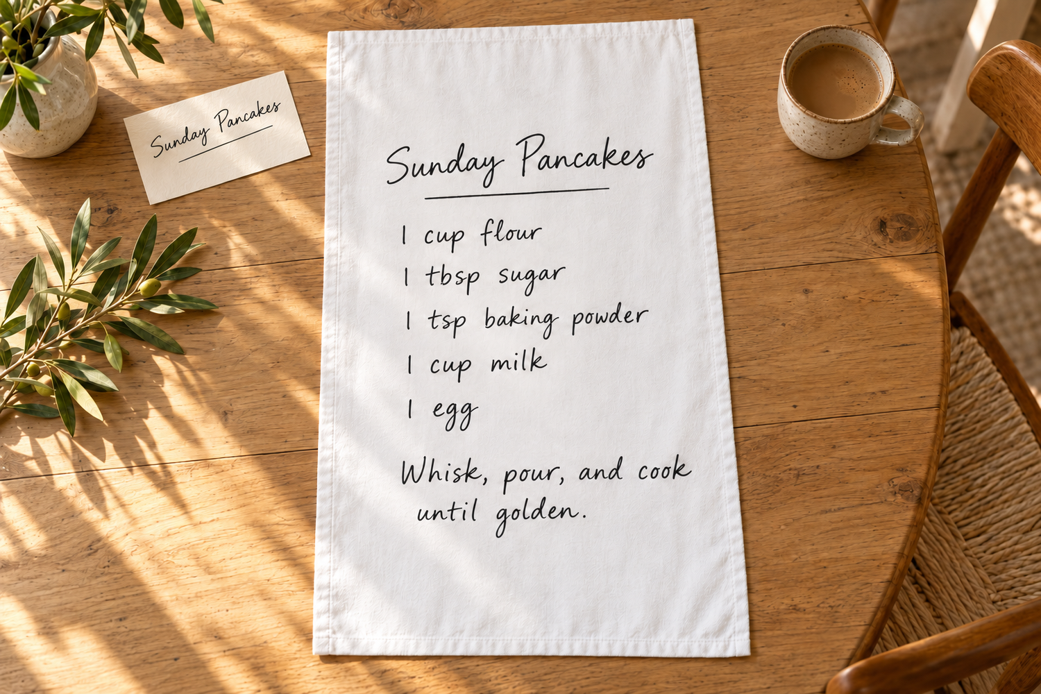 Digital mockup of the full white recipe towel laid on a wooden kitchen table with a fictional Sunday Pancakes recipe. Card and styling props are not included; print scale and texture are illustrative.