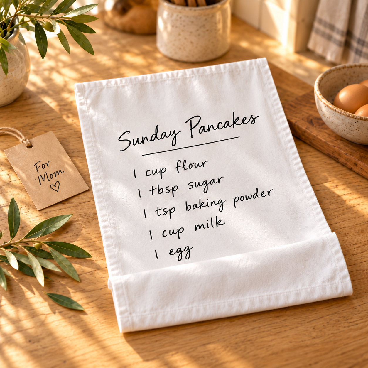 Digital mockup of a folded recipe towel beside a gift tag and kitchen props. Tag, wrapping and props are not included; this is not a physical sample photograph.