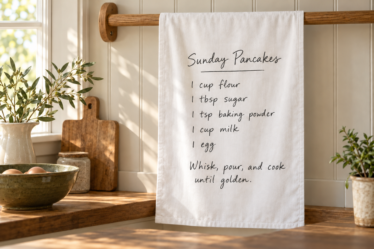 Digital mockup of a white tea towel printed with a fictional Sunday Pancakes recipe, hanging in a kitchen.